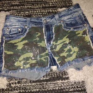 Camo Denim Shorts with Sequin Detail